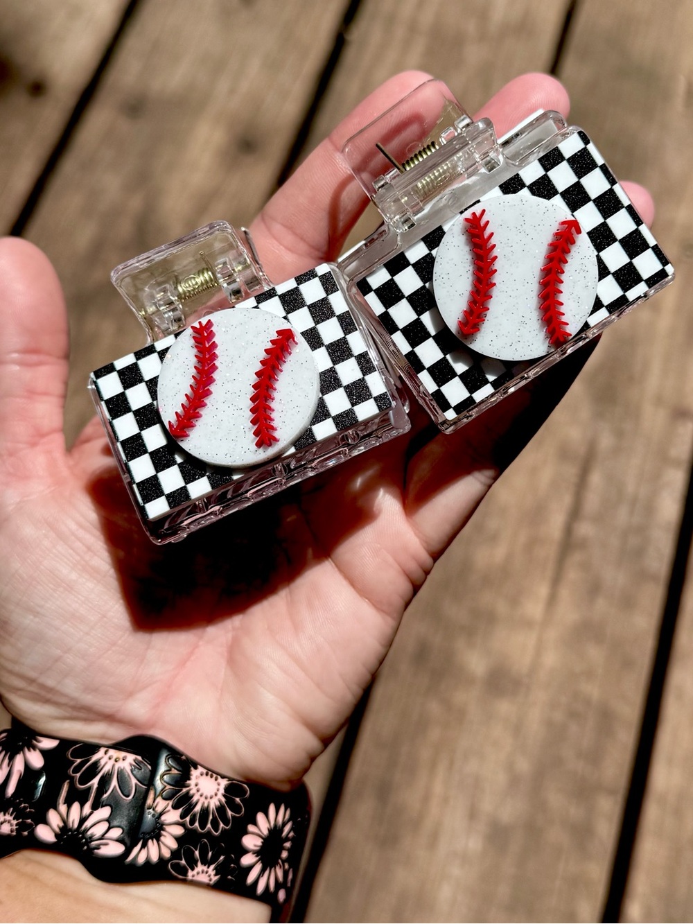 Custom Made Hair Clips with Checkerboard Baseball Accent - White & Red